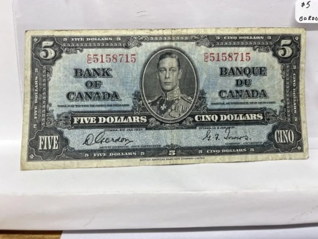 1937 Cdn $5 Bill - Gordon/ Towers