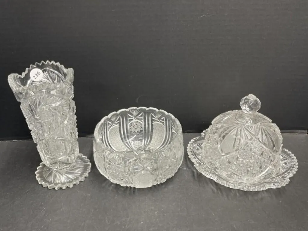 Crystal Bowl, Vase and Butter DIsh, Some Chips