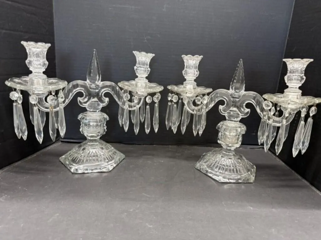 Glass 2-Light Candelabras with Lustres (2)