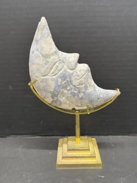 Blue Flower Agate Moon with Stand, 9 "