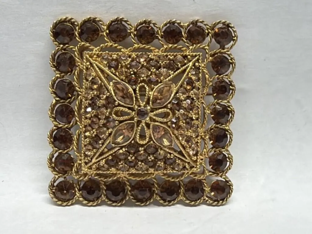 Corocraft Rectangular Brooch Set with Amber
