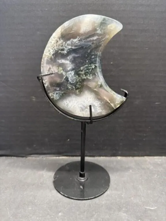 Moss Agate Moon on Stand