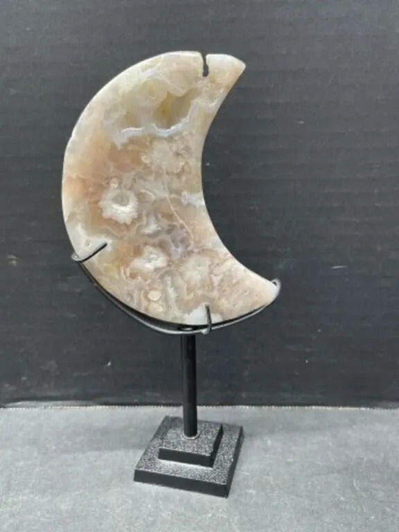 Flower Agate Moon with Stand, 8 "