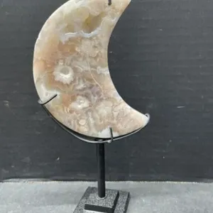 Flower Agate Moon with Stand, 8 "