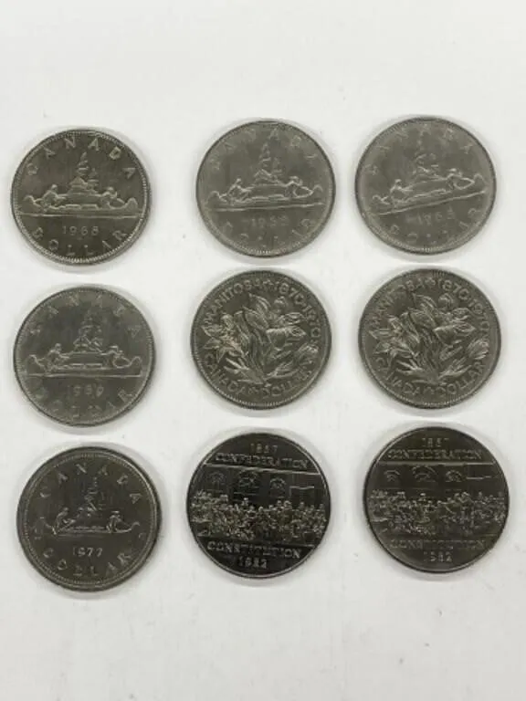 9 X Cdn $1 Coins-1968x3, 1970x2, 1977, 1982x2