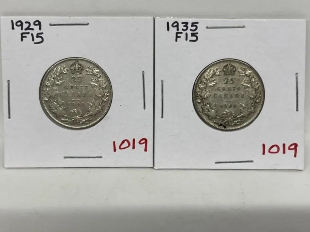 1929, 35 Cdn Silver 25 Cents - Both F 15