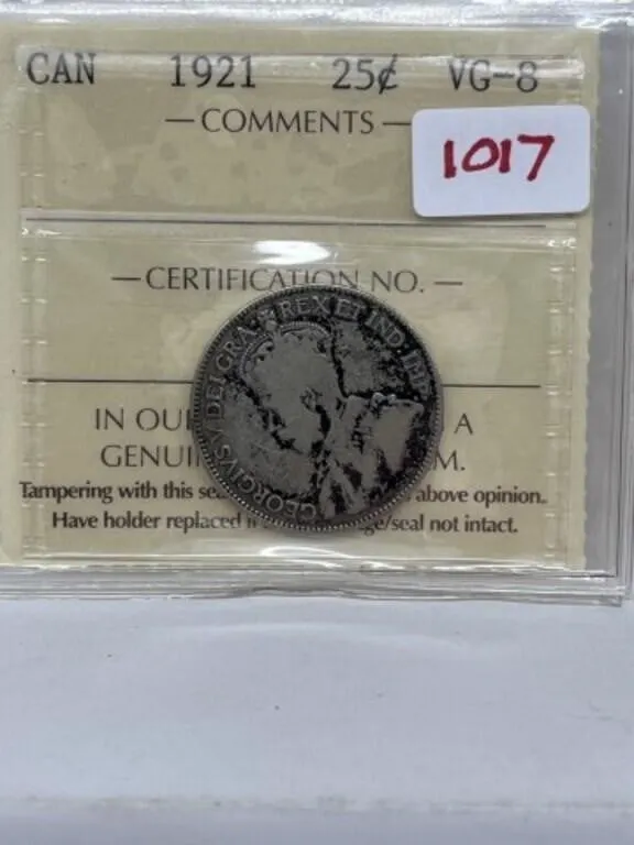 1921 Iccs Cdn Silver 25 Cents - Vg8