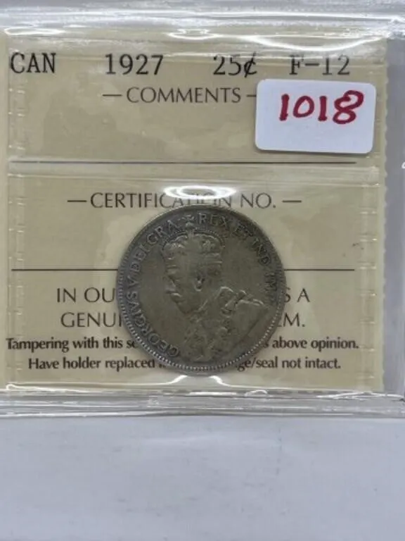 1927 Iccs Cdn Silver 25 Cents - F12