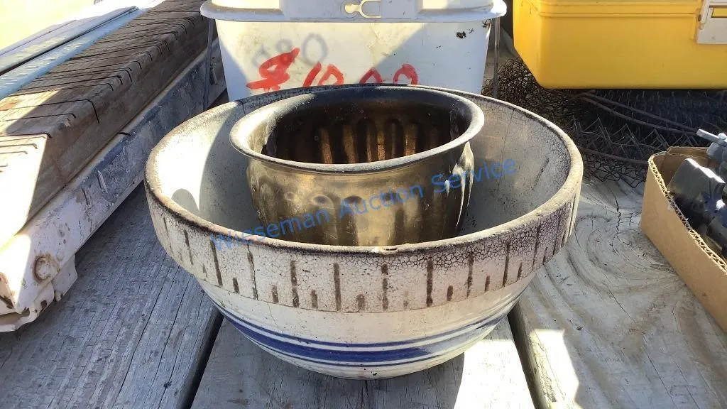 STONEWARE CROCK BOWL AND SMALL BRASS PLANTER