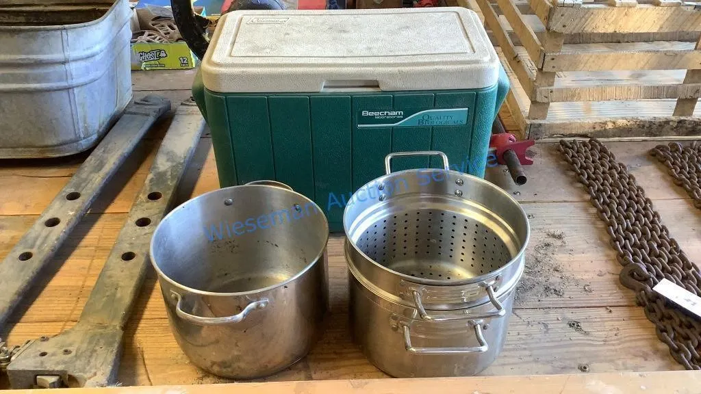 STAINLESS POTS AND COLEMAN COOLER