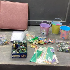BOX W/ MARBLES, EASTER PAILS, MAGNETIC ANIMAL CARDBOARD CUT OUTS