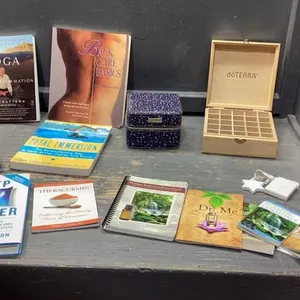 YOGA BOOKS, DOTERRA INFO BOOKS + EMPTY ESSENTIAL OIL CASES