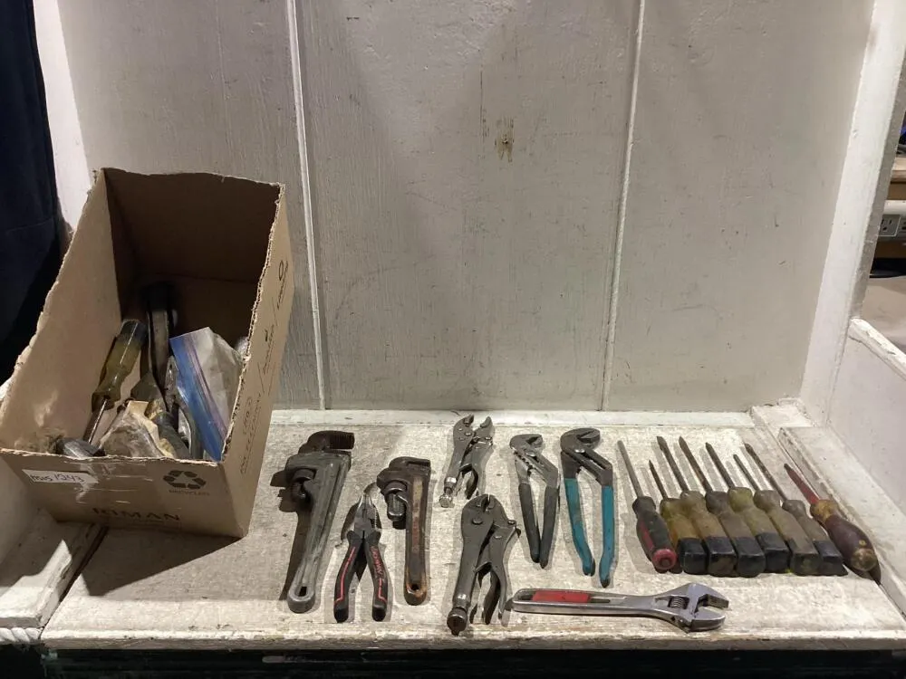 SHOP BOX W/ WRENCHES, PILERS & SCREWDRIVERS