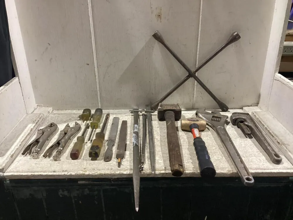 SHOP BOX W/ FILES, WRENCHES, HAMMERS, PILERS & MISCELLANEOUS