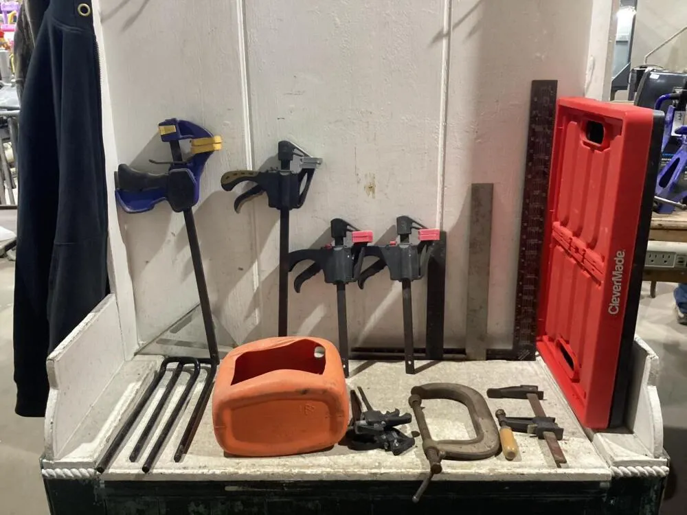 SHOP COLLAPSIBLE CRATE W/ MIXED CLAMPS & CARPENTER SQUARES