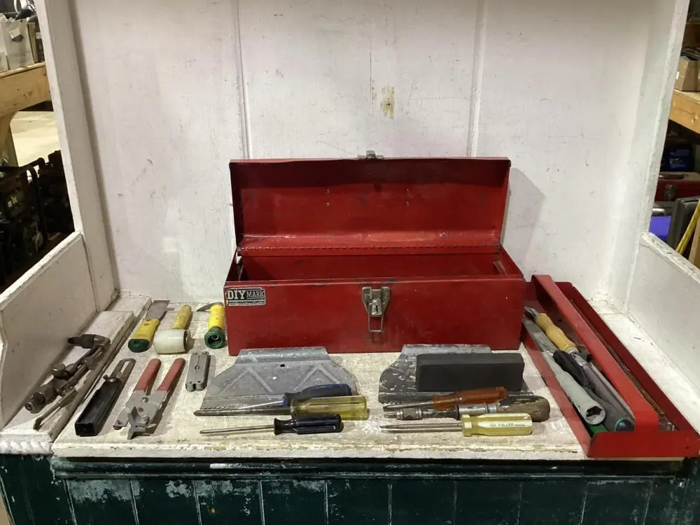 TOOL BOX W/ SCREWDRIVERS, TORCH, PILERS & MISCELLANEOUS