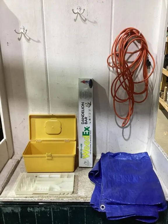 SHOP BOX OF MISCELLANEOUS W/ EXTENSION CORD, TARP, WEED-EX & SMALL BOX