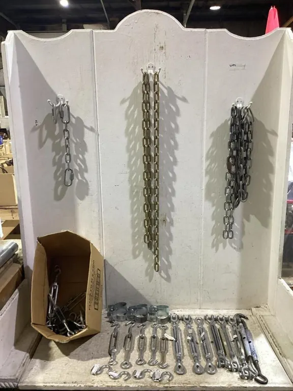 SHOP BOX OF MIXED TURN-BUCKLE PARTS & CHAINS