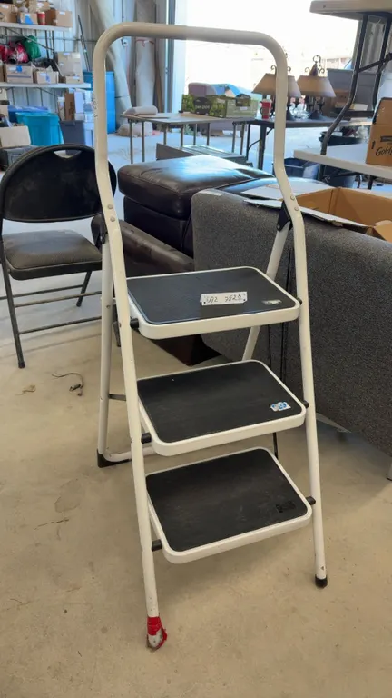 White Three-Step Folding Step Stool with Safety Handle and Non-Slip Textured Steps