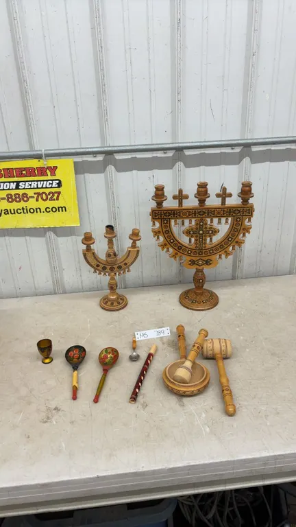Ukrainian wooden 3 and 5-candle candelabras, Russian Khokhloma and Spoons, Wooden Flute