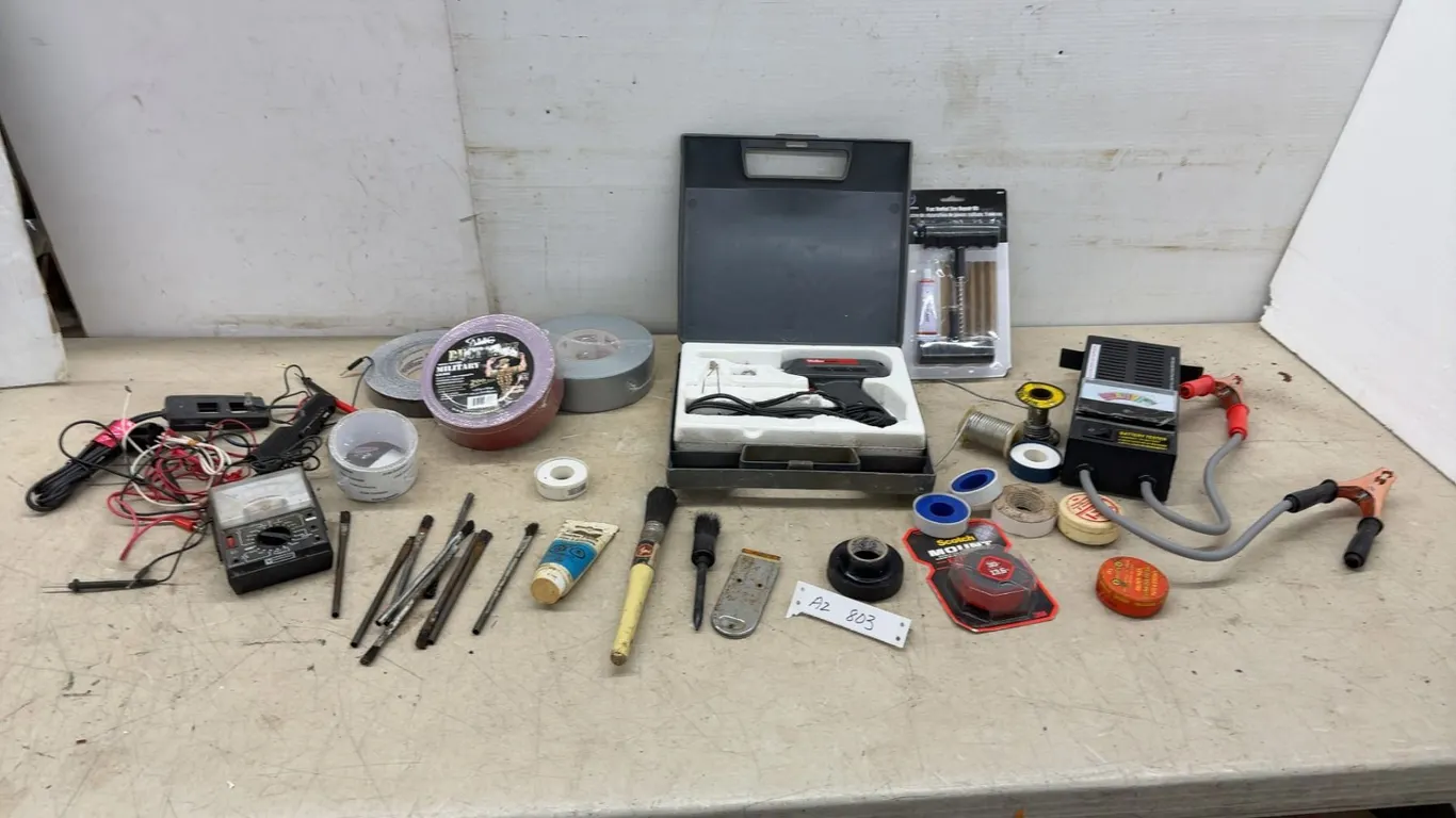 Weller 8200 Soldering Gun, Multimeter, Duct Tape, Tire Repair Kit, Acid Brushes, Solder