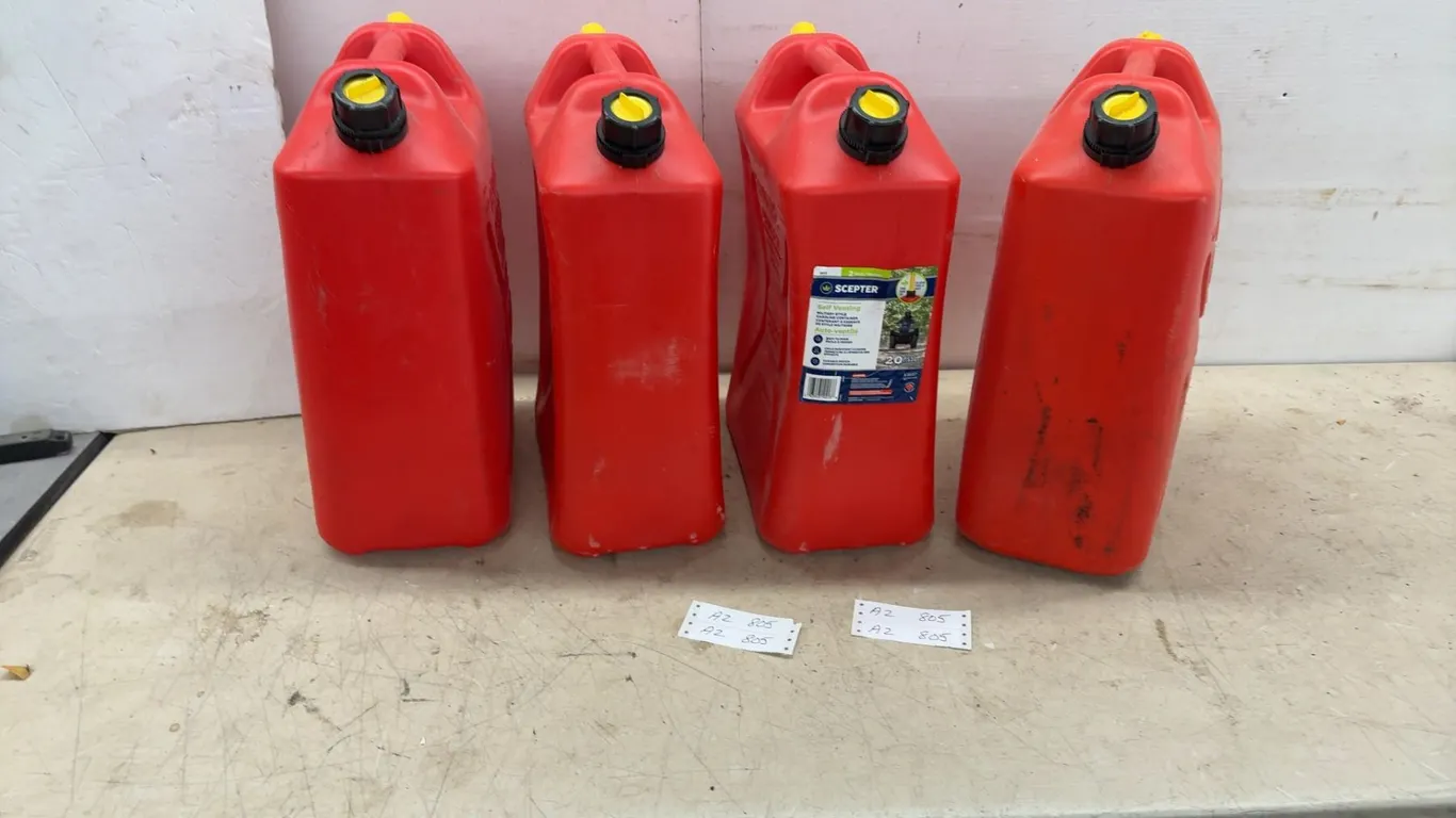 Four Self-Venting Red Plastic Gasoline Containers, 20 Liter
