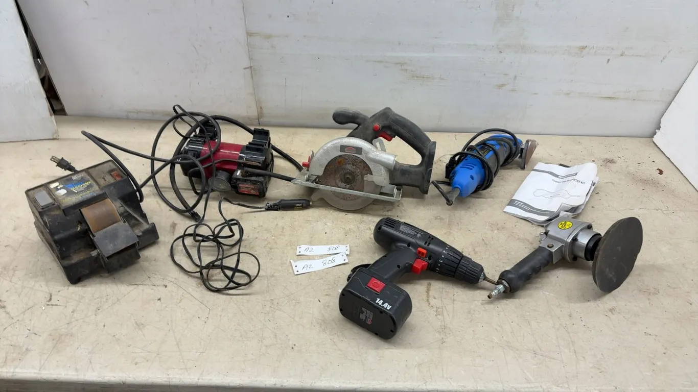 Wet Wheel Machine, MotoMaster Air Compressor, Cordless Circular Saw and Drill