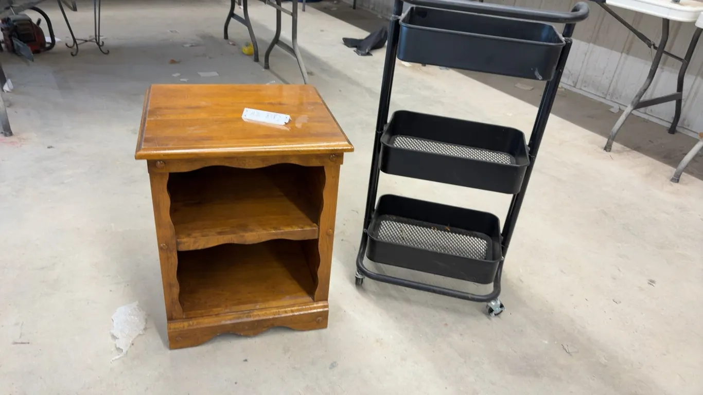 Wooden Two-Shelf Nightstand, 22 × 18 × 16” with Scalloped Edges and Black 3-Tier Rolling Utility