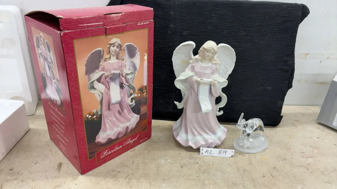 Porcelain Angel Figurine in Pink Gown with Scroll, 14” Tall and Cristal d'Arques Crystal Elephant