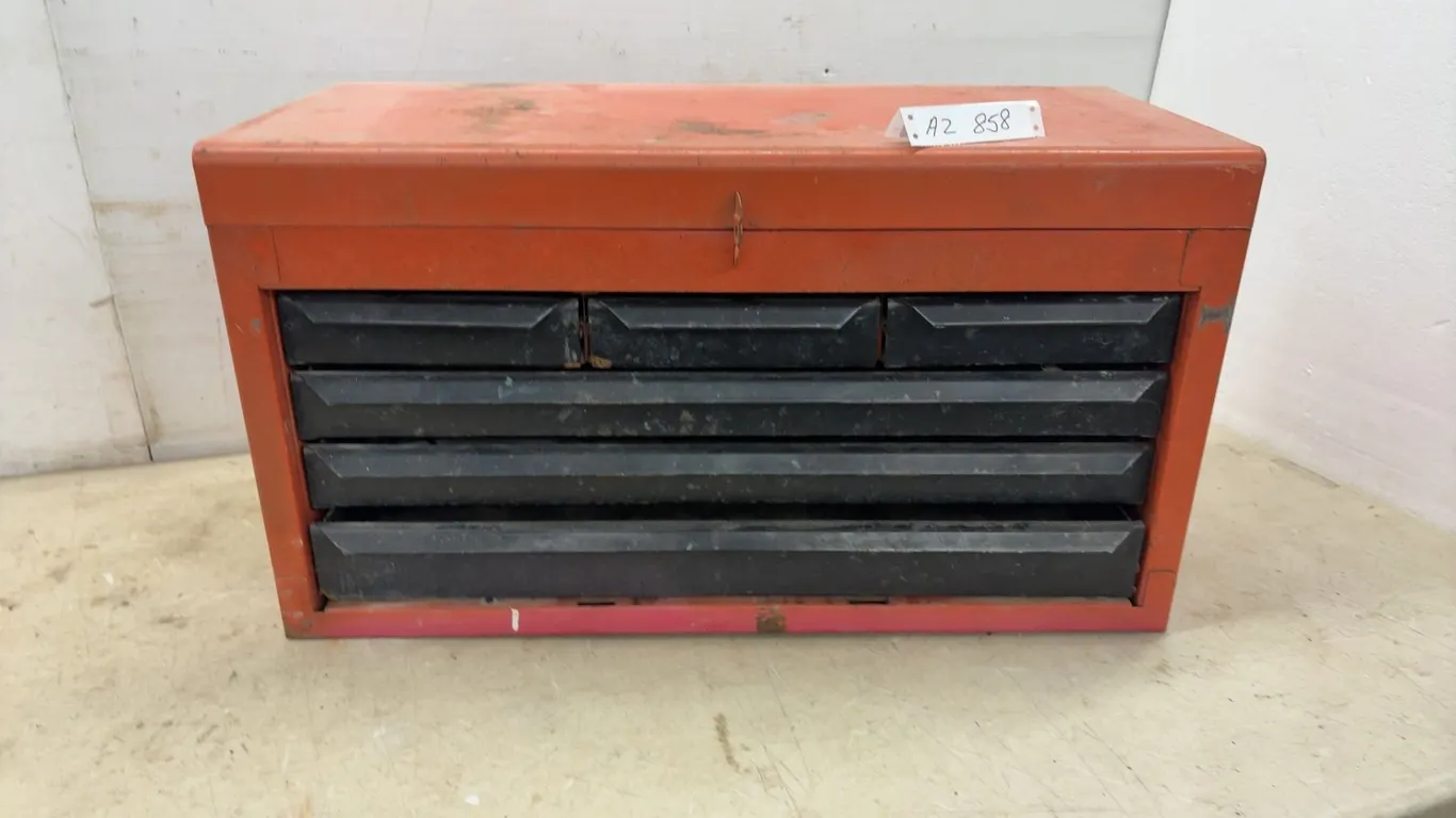 Red Metal Tool Chest with Flip-Up Top Compartment and 6 Black-Fronted Drawers, 14 × 12 × 26”