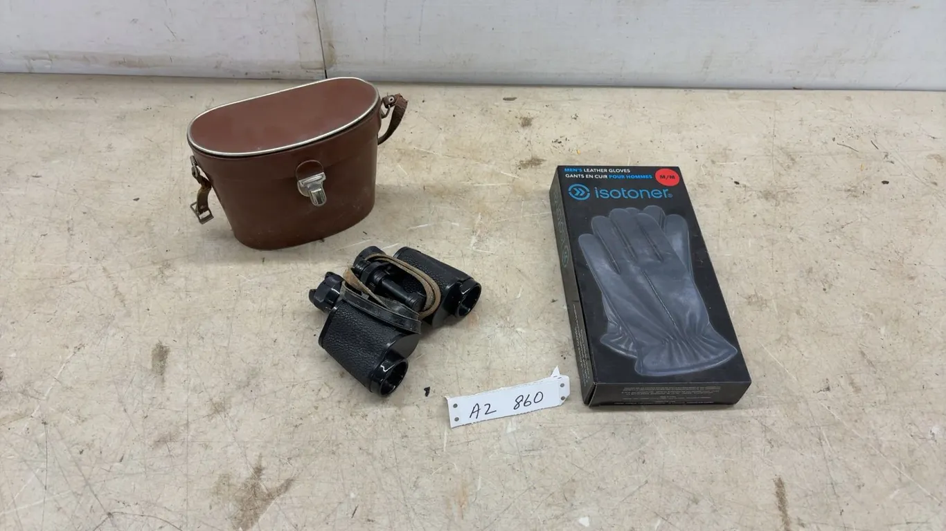 Vintage Agfa 8 × 30 Binoculars with Case and New Isotoner Men's Leather Gloves, Size Medium