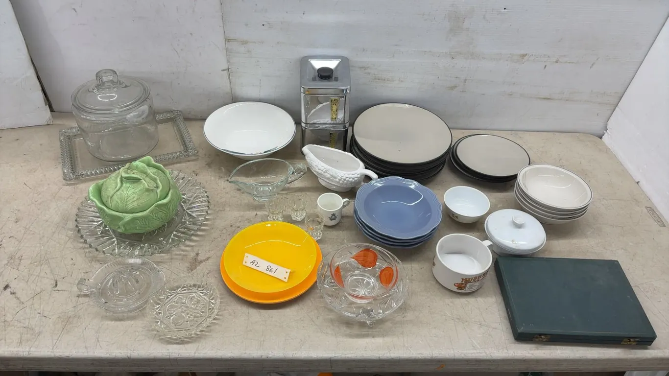 Mixed Lot of Ceramic Dinnerware, Glassware, Knife Set, 2-Piece Chrome Canister Set, Cabbage Tureen