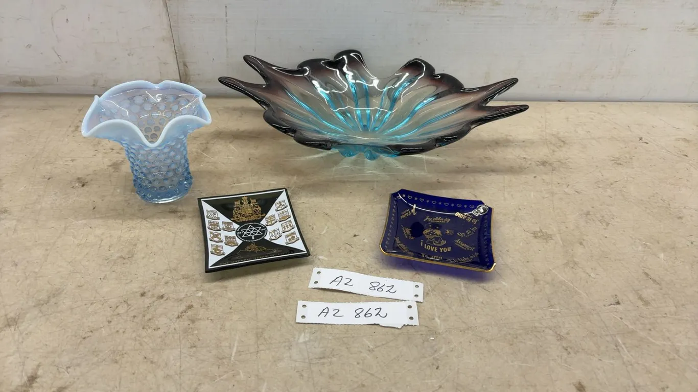 Fenton Style Blue Opalescent Hobnail Ruffled Glass Vase, Art Glass Bowl, and Decorative Trays