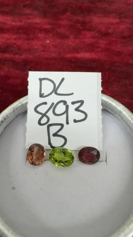 Orangish Pink Tourmaline, Green Peridot, and Purplish Pink Tourmaline