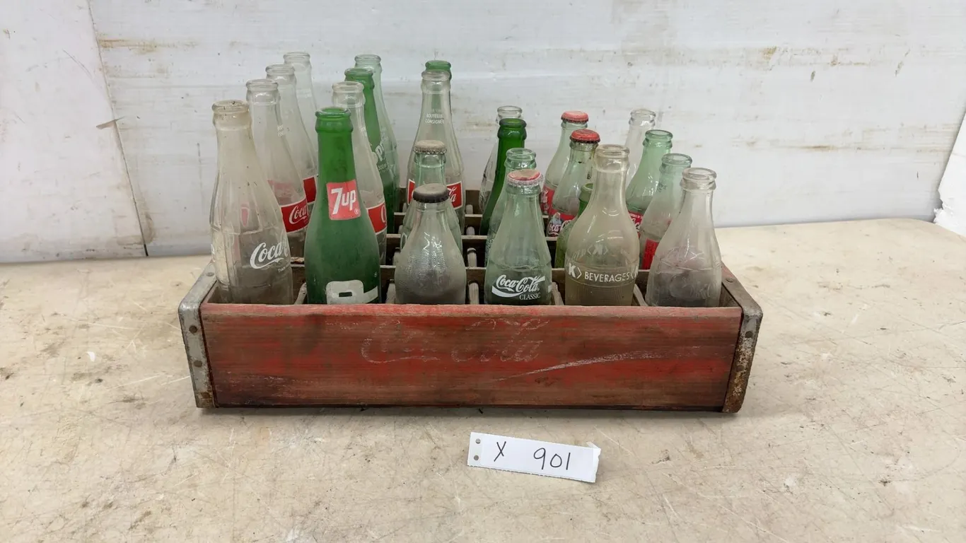 Vintage Coca-Cola Wooden 24-Bottle Crate with Assorted Glass Soda Bottles, 7Up