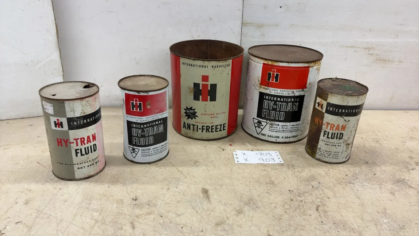 International Harvester Hy-Tran Fluid and Ethylene Glycol Anti-Freeze Cans, 2 × 1 Gallon and 3