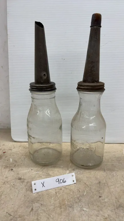 Two Vintage Glass Quart Motor Oil Bottles, Imperial and Huffman Manufacturing Co. with Spouts