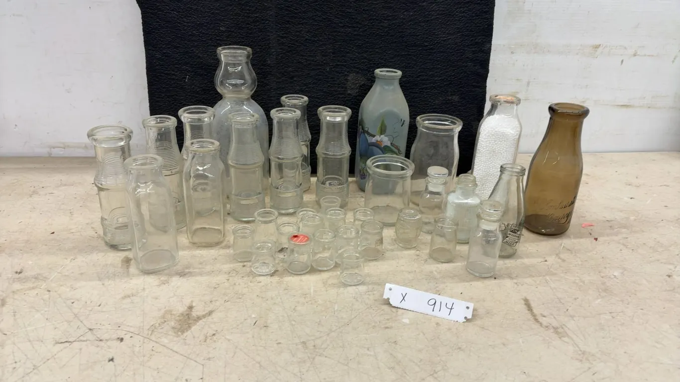 Collection of Vintage Glass Dairy Bottles and Jars Including Elmhurst Dairy and Hand-Painted