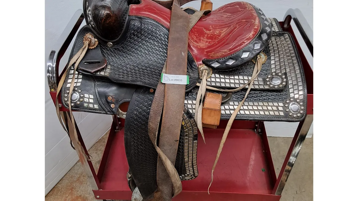 Vintage Western Parade Saddle in Black & Red Leather with Accompanying Horse Tack, Pickup Only