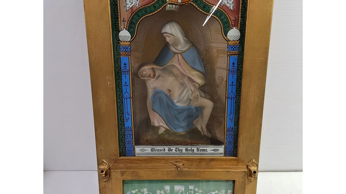 Antique Catholic Last Rites Shadow Box/Home Altar Shrine with Accessories-13"x23"
