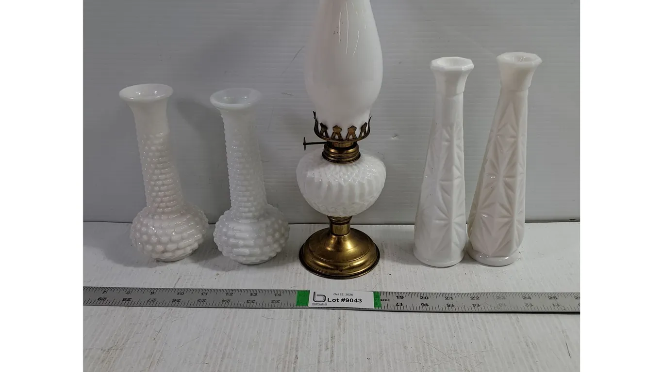 Vintage Milk Glass Lot-(2) Pairs of Vases and Oil Lamp