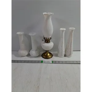 Vintage Milk Glass Lot-(2) Pairs of Vases and Oil Lamp