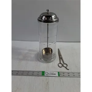Vintage Glass Comb Holder Jar and Pair of Silver Stainless Steel Hair-Cutting Shears