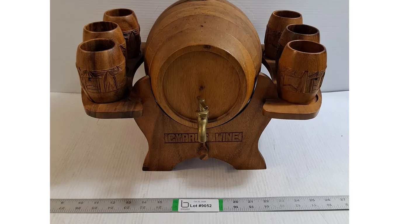 Vintage Hand-Carved Wooden Barrel Drink Dispenser Set with Matching Cups and Wooden Stand