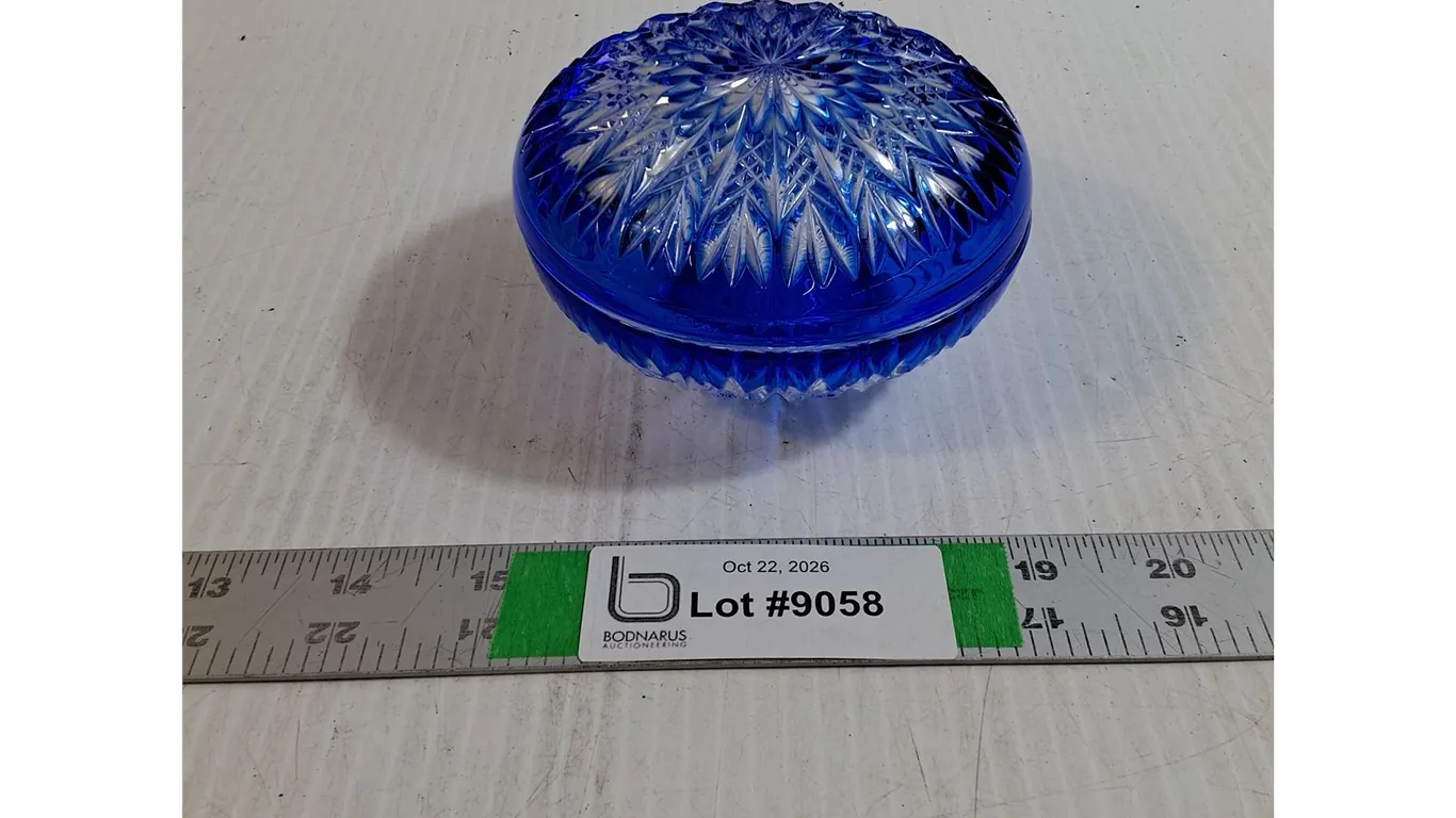 Cobalt Blue Cut-to-Clear Crystal Lidded Bowl