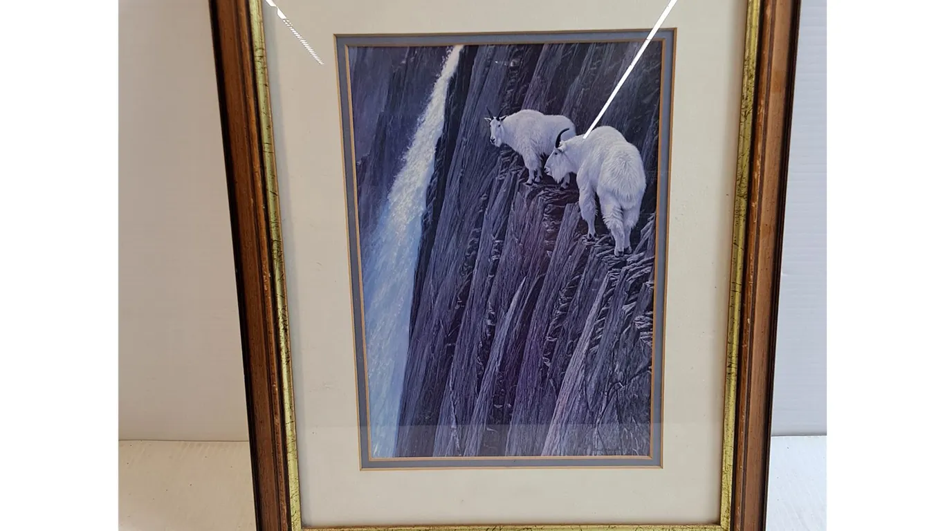 Framed Artwork-"Sheer Drop-Mountain Goats"by Robert Bateman 13"x16"