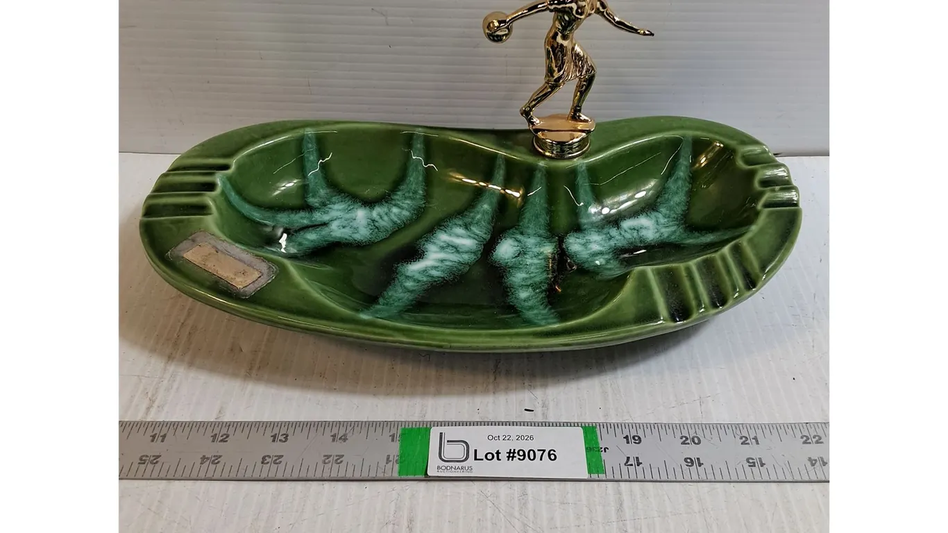 Vintage Green Ceramic Bowling Trophy Ashtray