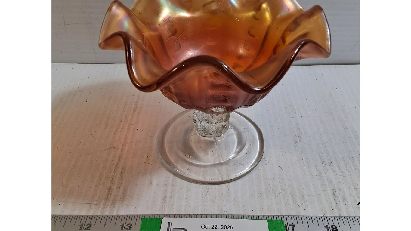 Marigold Carnival Glass Ruffled Compote Dish