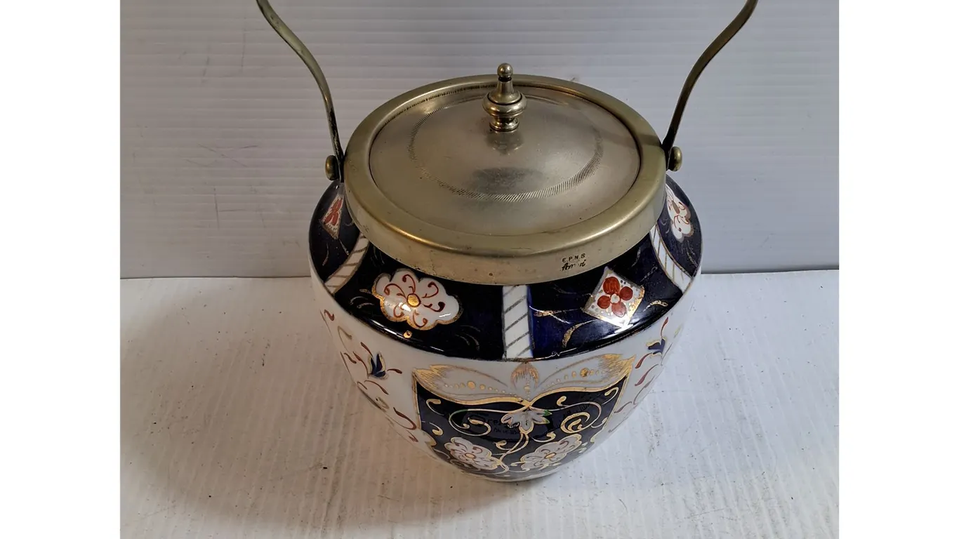 Antique Porcelain Biscuit Barrel with Metal Swing Handle