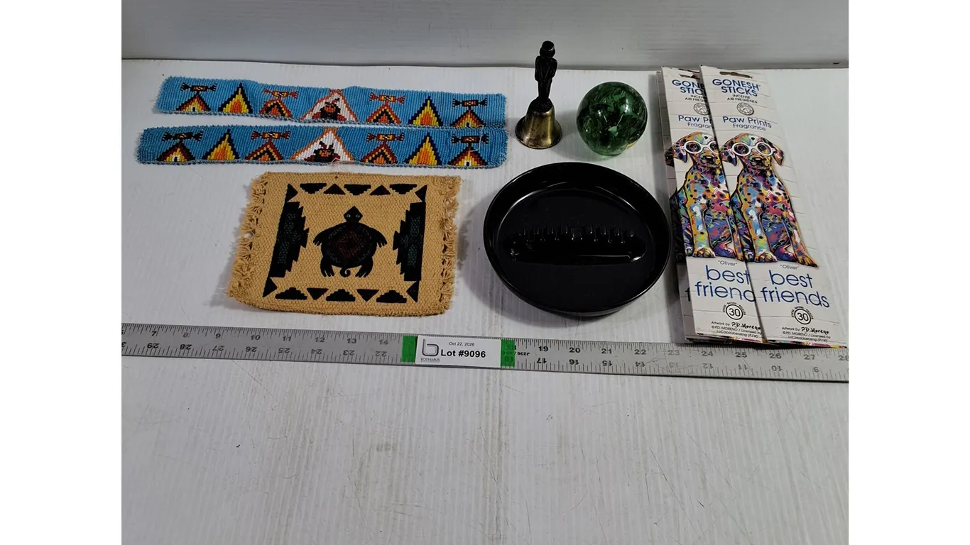 (3) Pkgs. of incense,Ashtray,Paperweight,Bell,Bead work Art,Small Cotton Mat